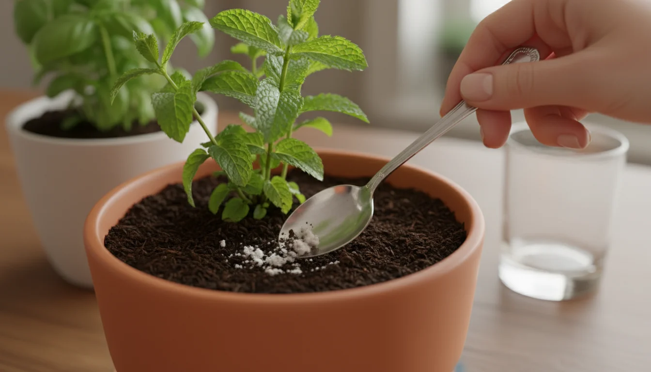A clean hand uses a small spoon to gently remove white, fuzzy mold from the soil surface of a potted mint plant.