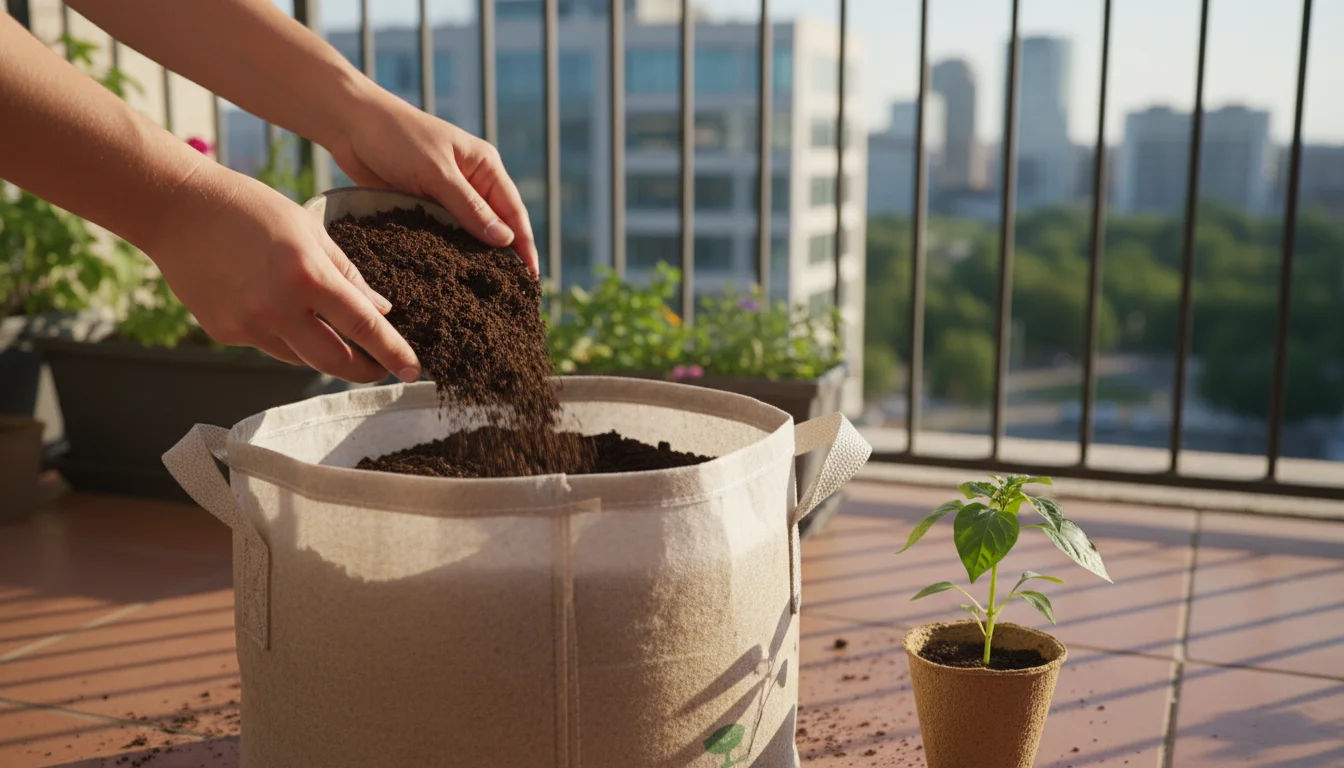 Clean hands adding fresh potting mix to a beige fabric grow bag on a sunny balcony, with a pepper seedling ready to be planted.