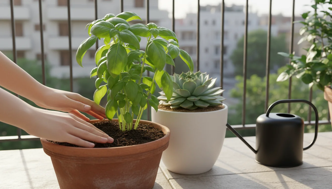 Clean hands checking soil of a basil plant next to a succulent on a sunny patio, with a modern watering can nearby.