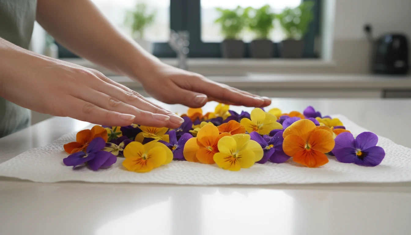 Clean hands gently patting colorful, freshly rinsed edible pansies and violas dry on a white paper towel.
