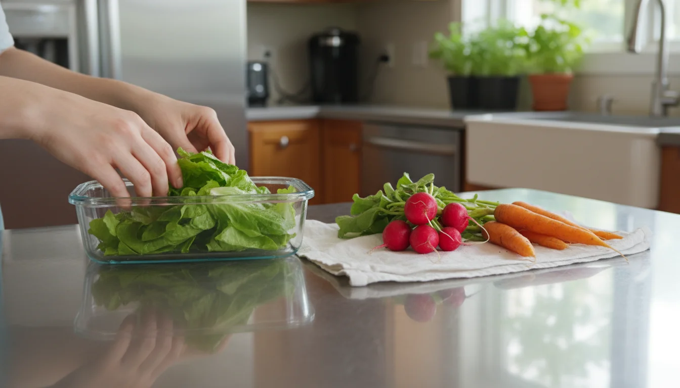 Clean hands place rinsed lettuce into a clear storage container, with washed radishes and carrots on a towel on a bright kitchen counter.
