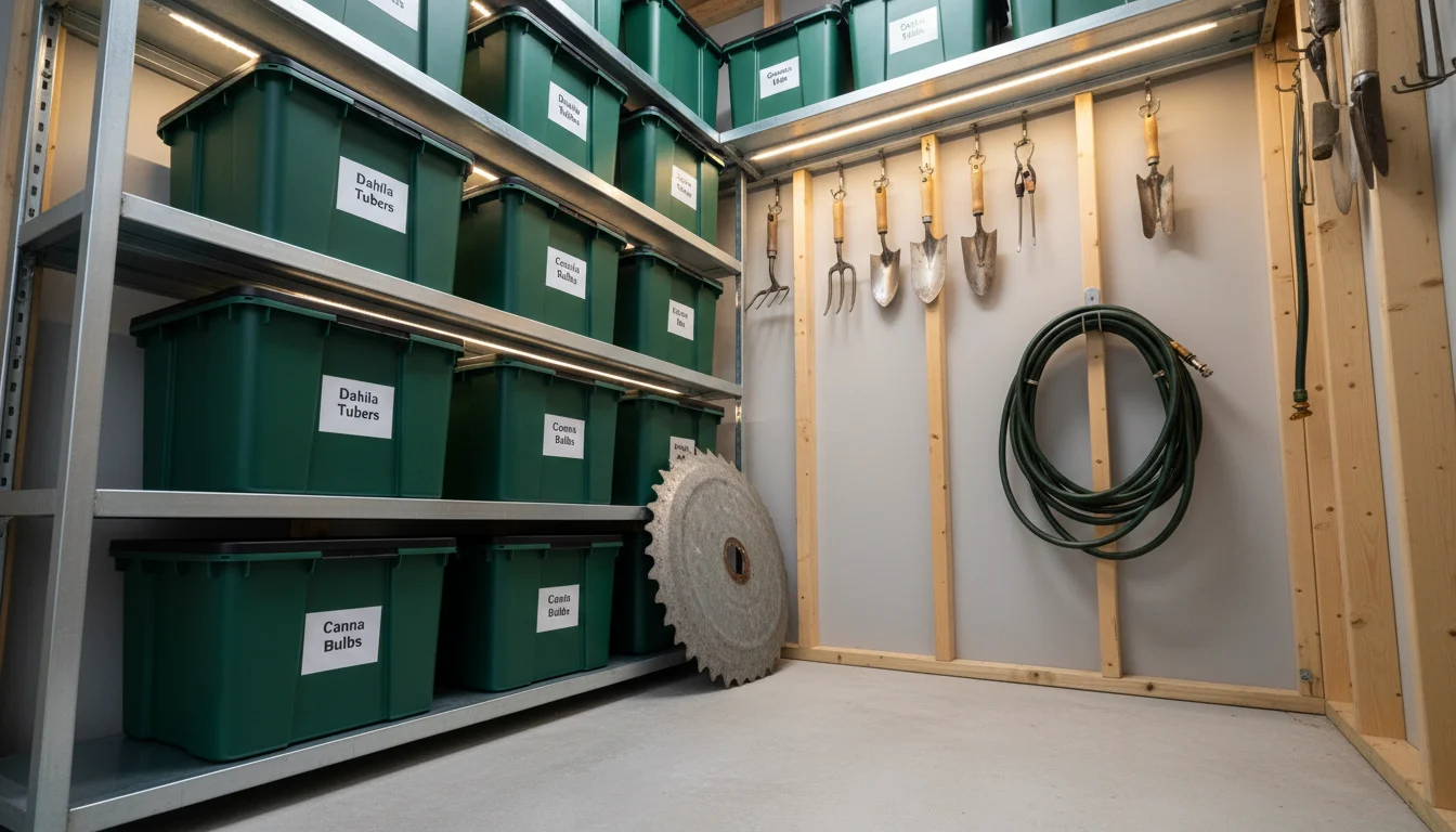 A clean, organized storage corner with stacked, labeled plastic bins containing tubers, a swept floor, and a discreet rodent bait station. A person's
