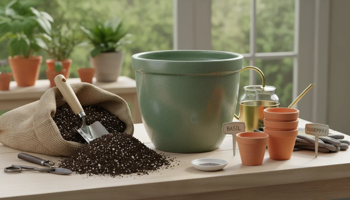 A clean potting setup with an empty sage green ceramic pot, premium potting mix, a hand trowel, and gardening gloves on a wooden table, ready for plan