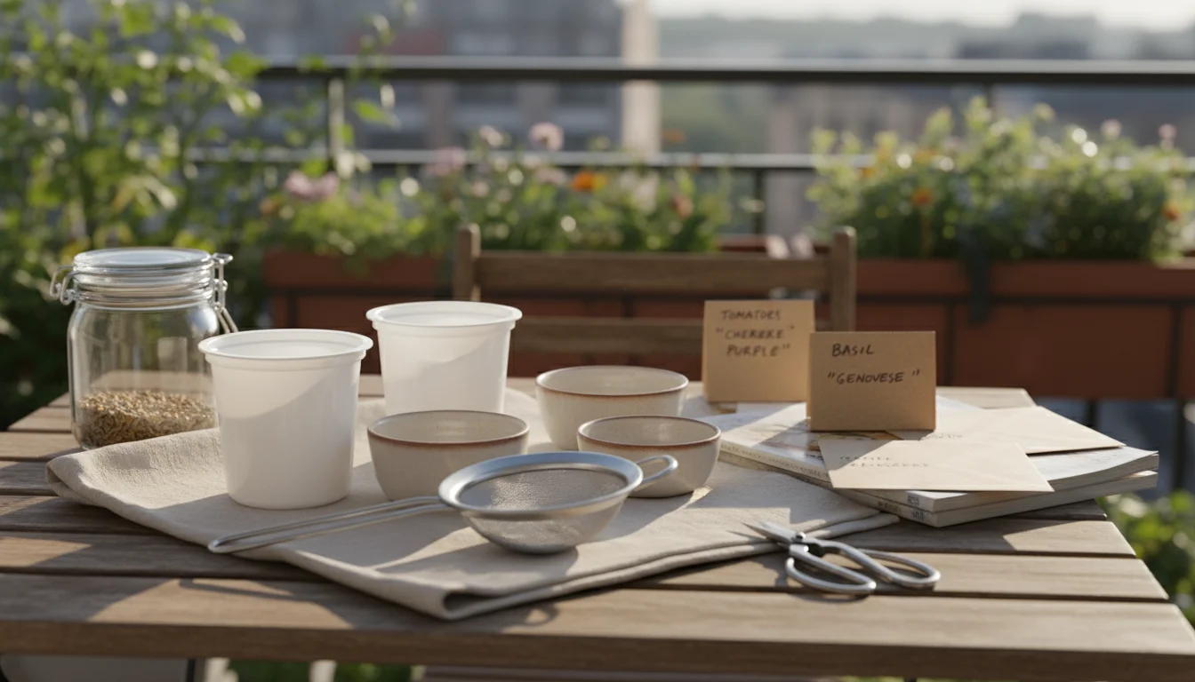 Clean, repurposed seed-saving supplies like yogurt containers, glass jars, and a kitchen sieve neatly arranged on a rustic balcony table.