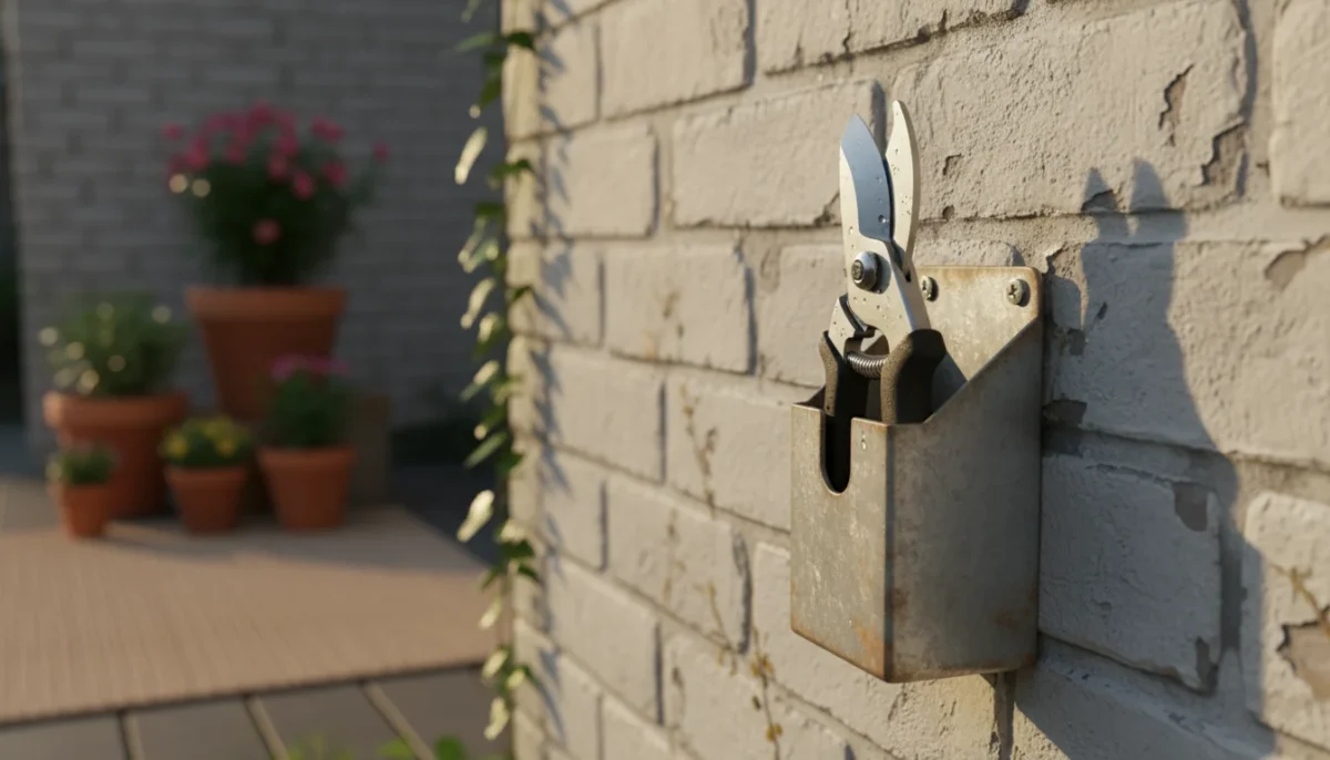 Clean, sharp bypass pruners resting in a compact, wall-mounted tool holder on a sun-dappled patio, surrounded by thriving container plants.