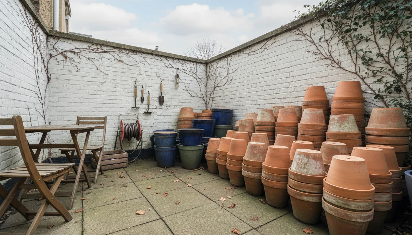Clean terracotta and glazed ceramic pots neatly stacked and arranged for winter storage on a small urban patio in late autumn.