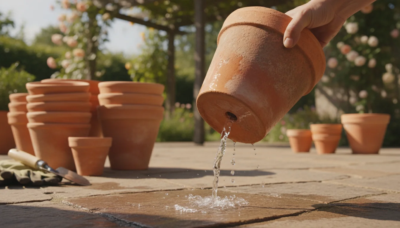 A clean terracotta pot drains water quickly from its hole onto a patio paver.
