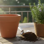 A clean terracotta pot, fresh potting mix, and a healthy rosemary seedling arranged on a weathered balcony table in soft light.
