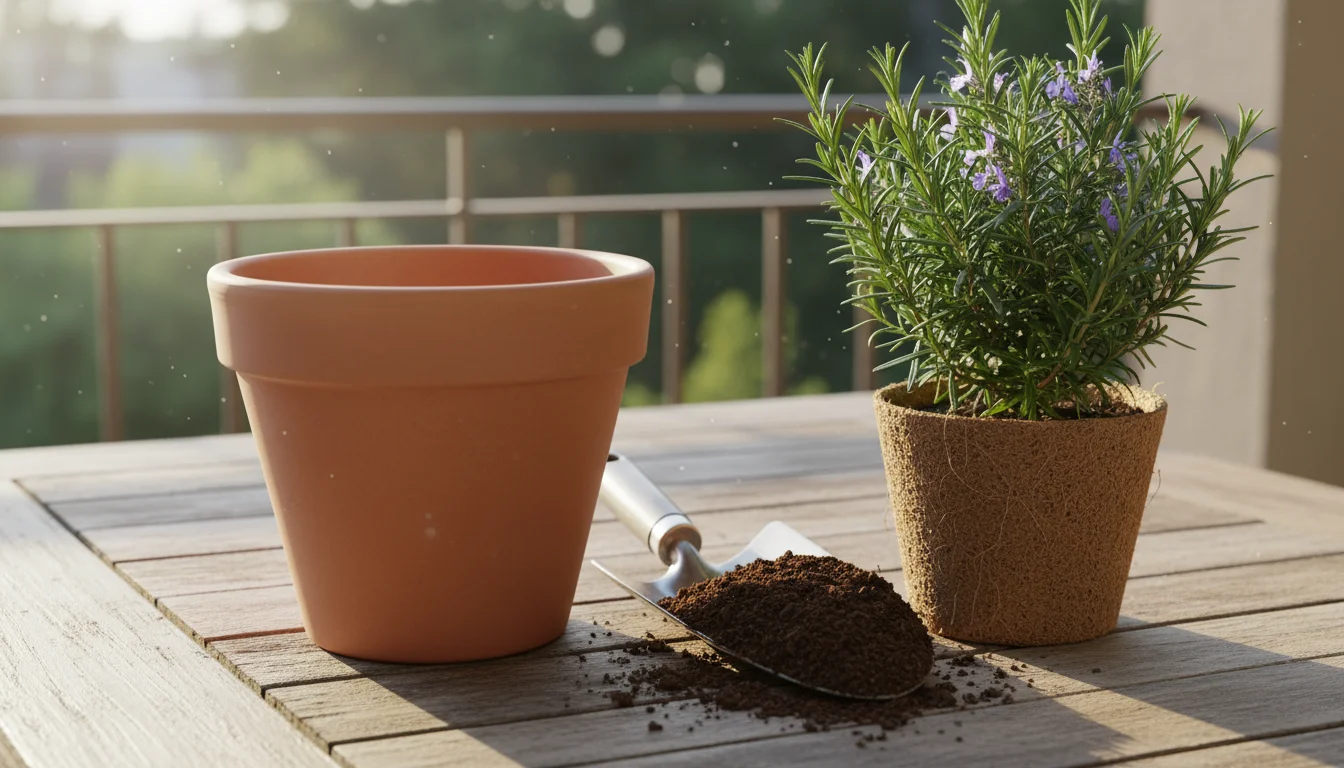 A clean terracotta pot, fresh potting mix, and a healthy rosemary seedling arranged on a weathered balcony table in soft light.