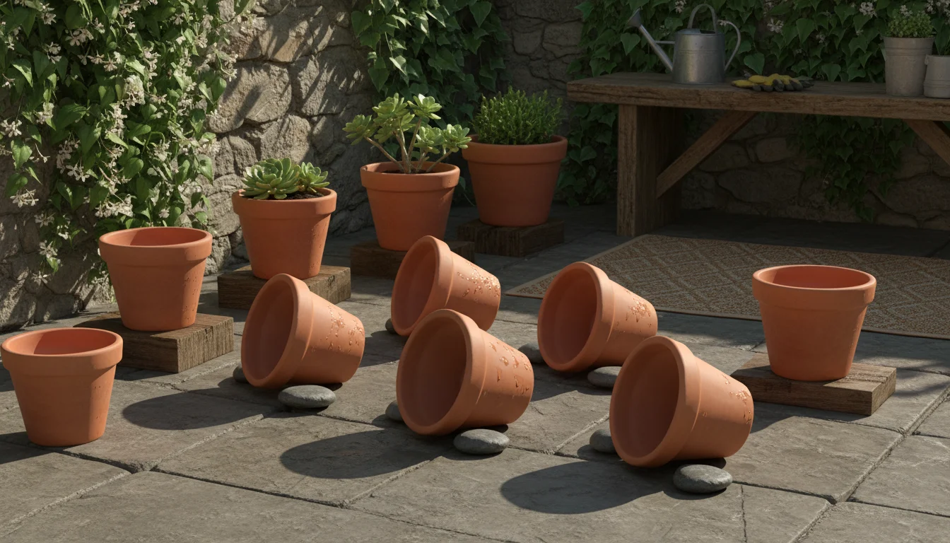 Clean terracotta pots, varying in size, are carefully air-drying in direct sunlight on a paved patio surface. They are tilted to expose drainage holes