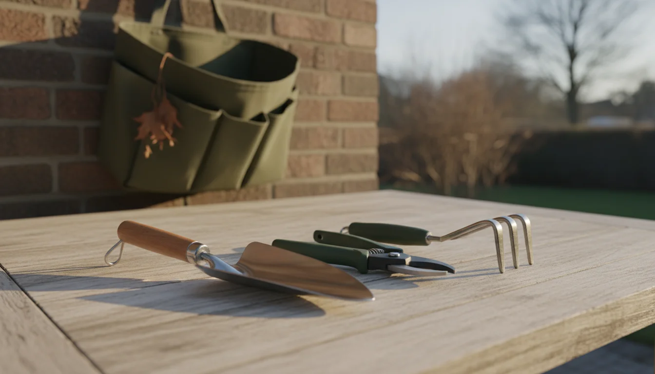 Clean trowel, pruners, and cultivator on a light wooden table, with an open green tool caddy in the soft background.