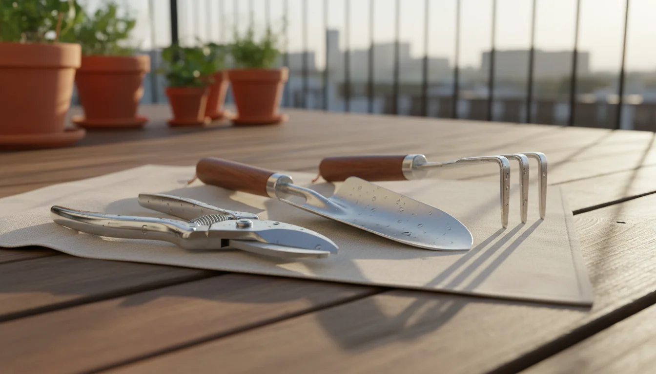 Cleaned gardening pruners, trowel, and cultivator air-drying in strong sunlight on a light cloth on a wooden balcony deck.