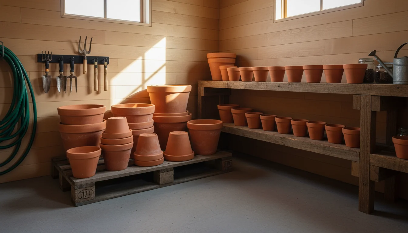 Cleaned terracotta pots of various sizes are neatly stacked on wooden pallets and rustic shelves in an organized garden shed, ready for winter storage