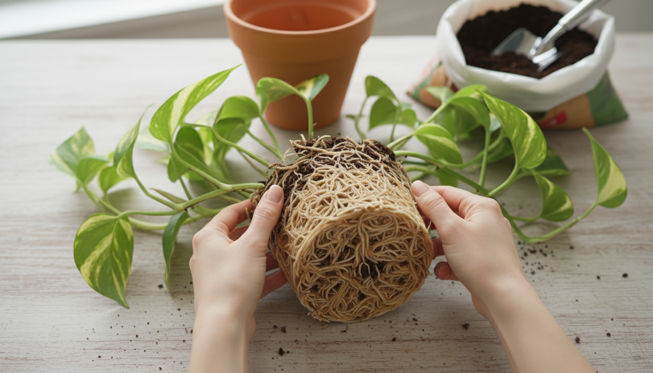 Clear glass watering can with water, subtly dewy, on a wooden balcony railing next to a vibrant trailing plant in a grey pot.
