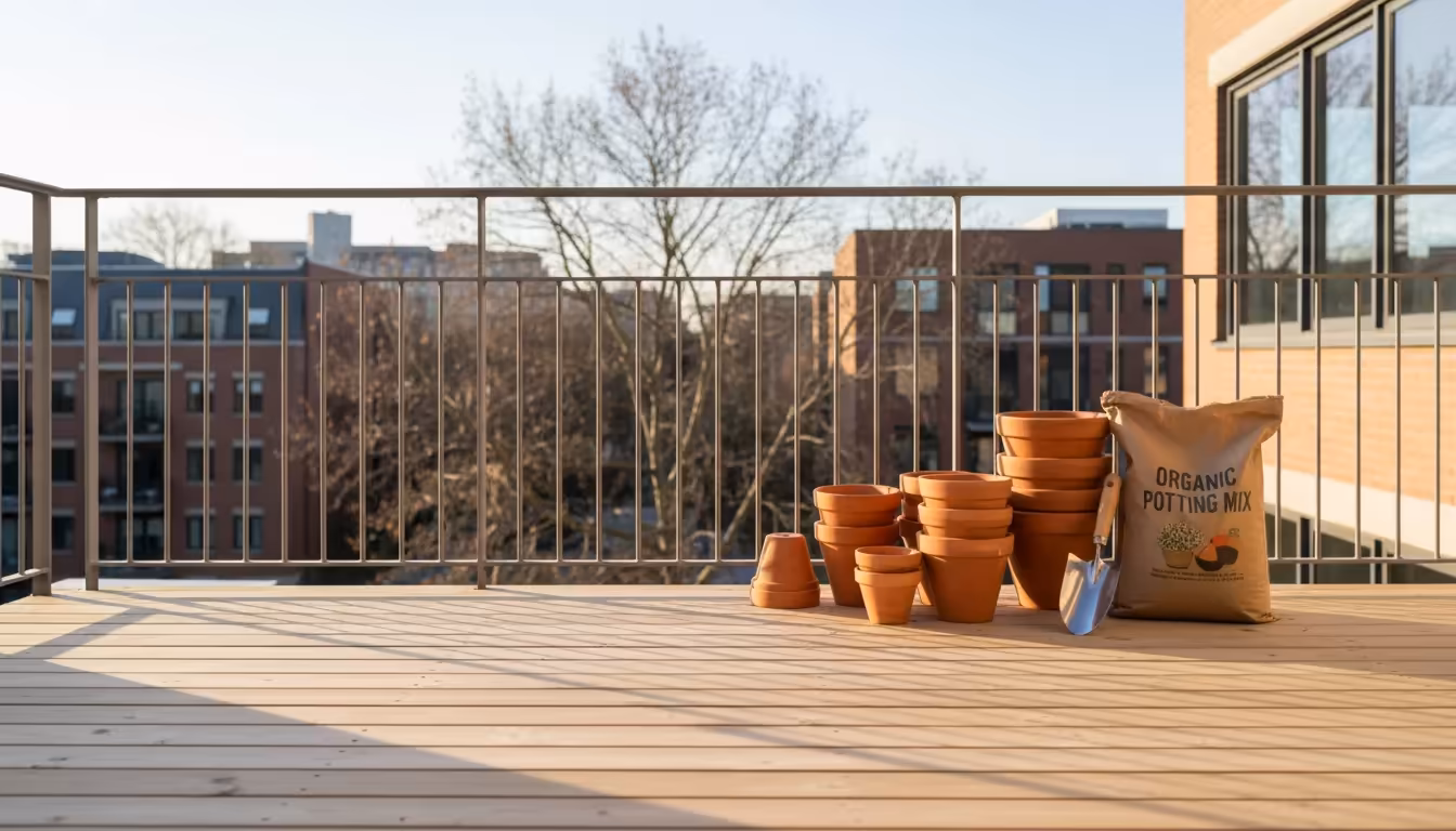 Cleared urban balcony section with neatly stacked terracotta pots, fresh potting mix, and a trowel, ready for fall planting or storage.