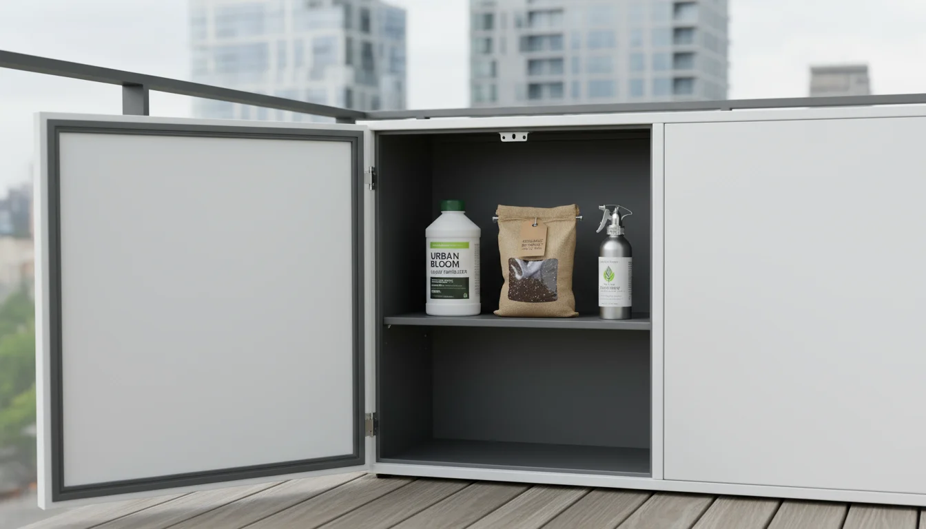 Clearly labeled garden chemicals and potting mix stored securely inside a white outdoor storage cabinet on a modern balcony, emphasizing safe, organiz