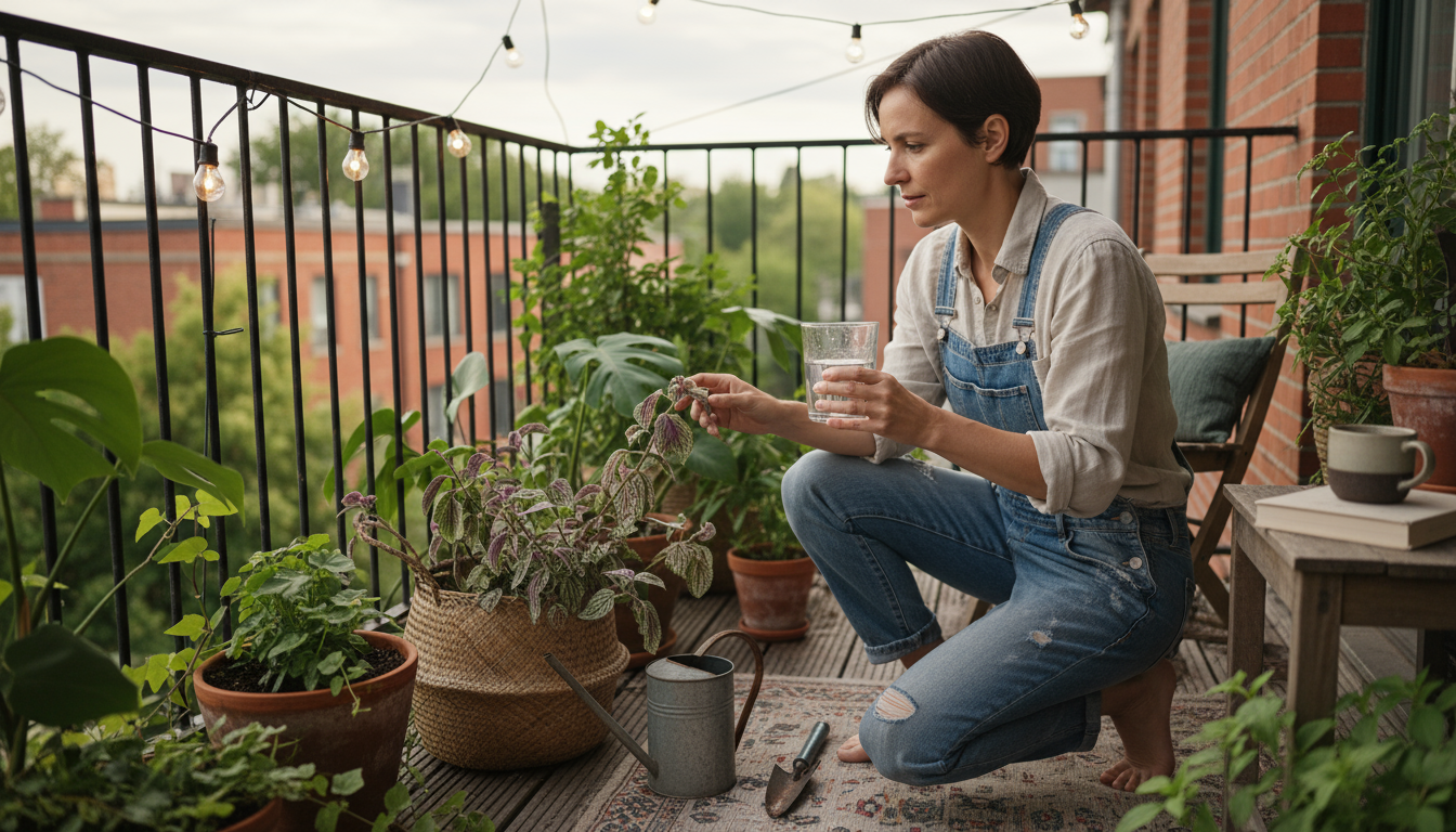 Hand checking soil moisture in a basil plant pot on a sunny urban balcony, with other container plants in background.