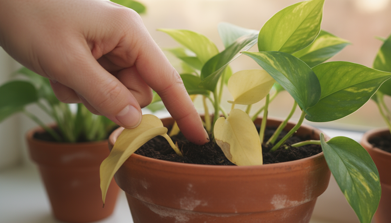 Close-up of hands inspecting plant roots. Some are dark and mushy (diseased), others white and healthy. Small plant on a patio table.