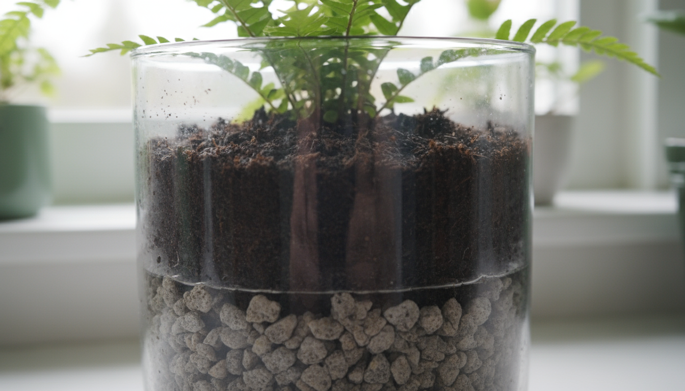Rectangular charcoal-grey self-watering balcony planter filled with herbs on a railing, a hand refills its side port from a green watering can.