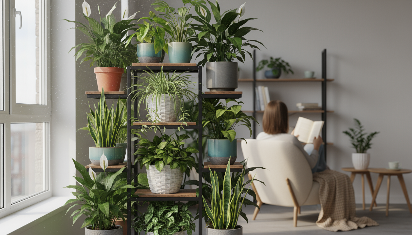 A person's hands gently inspect a potted Pothos plant with a slightly yellowing leaf on a sunny balcony, showing early signs of plant distress.