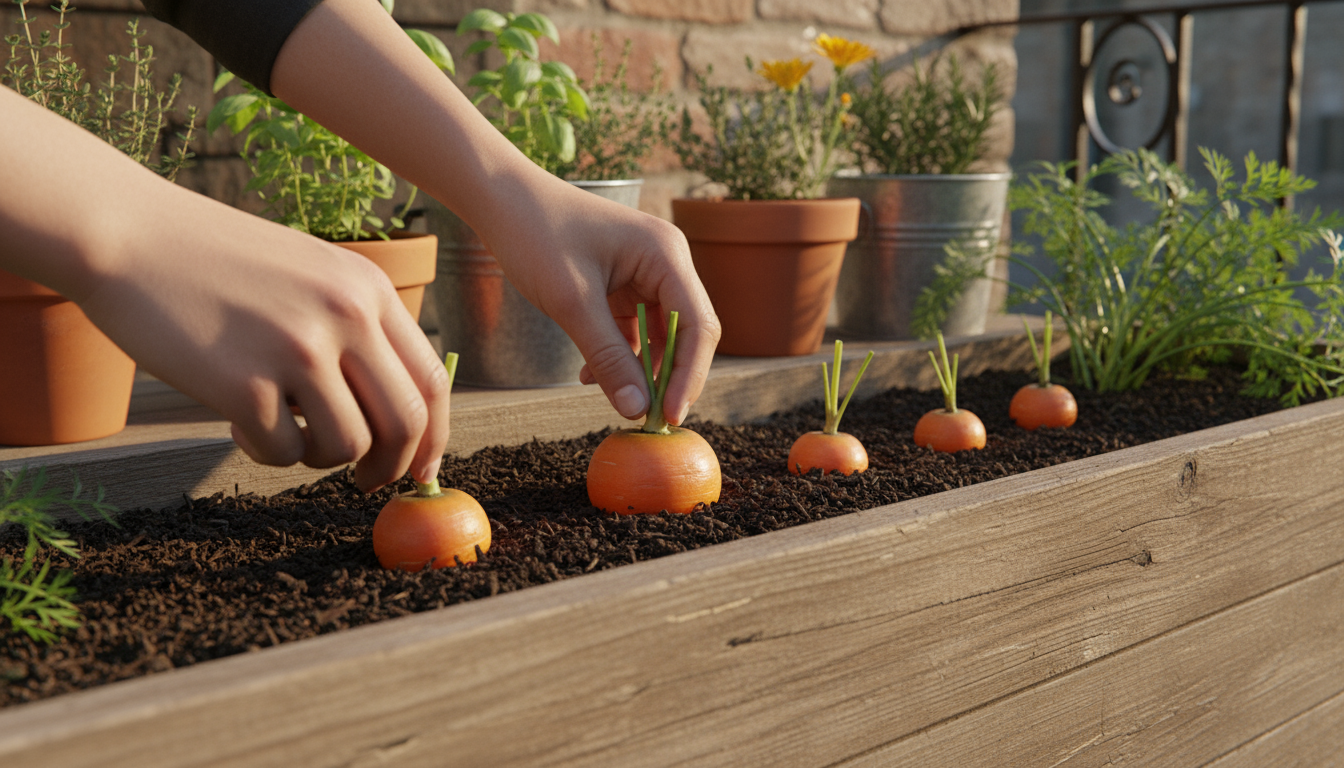 Close-up of a gardener's hands with pruning shears, snipping a lower leaf from a tomato plant in a terracotta pot on a patio.