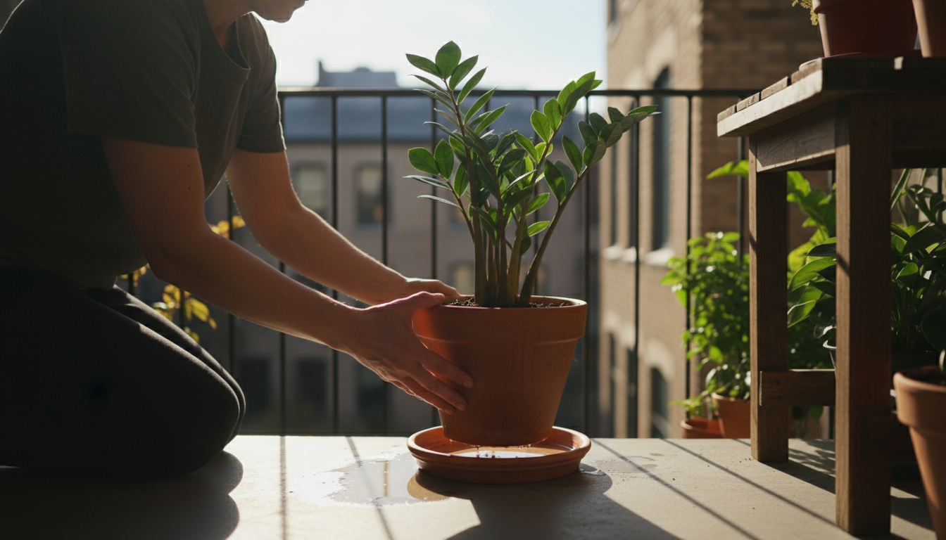 A hand fills a small watering can from a clear glass jug on a sunlit window ledge, overlooking a thriving container balcony garden.