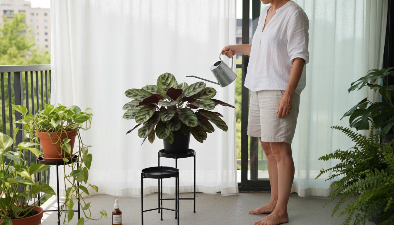 Hands gently lift a Pothos plant from its current pot, revealing roots, next to a larger, empty terracotta pot for repotting.