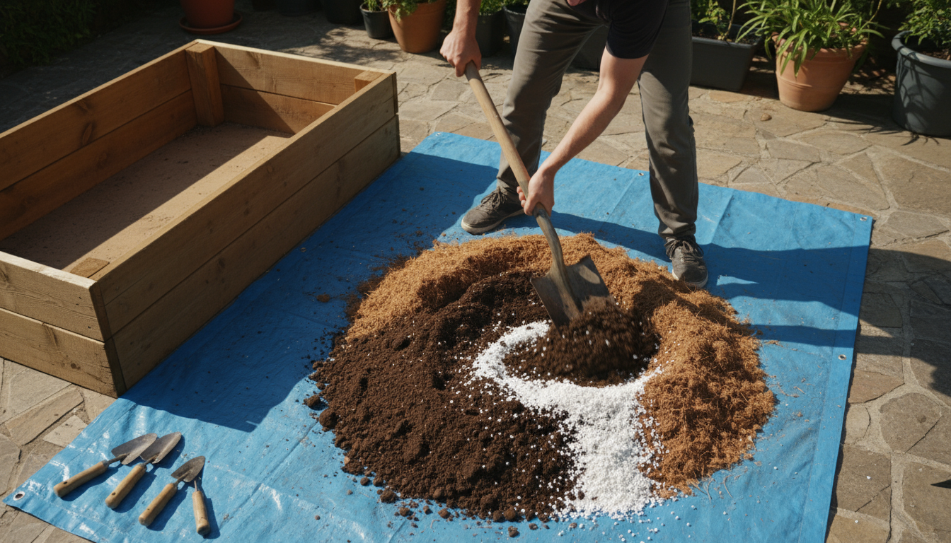 Close-up of hands mixing dark, nutrient-rich soil with perlite and compost in a small wooden raised bed on a sunny patio.