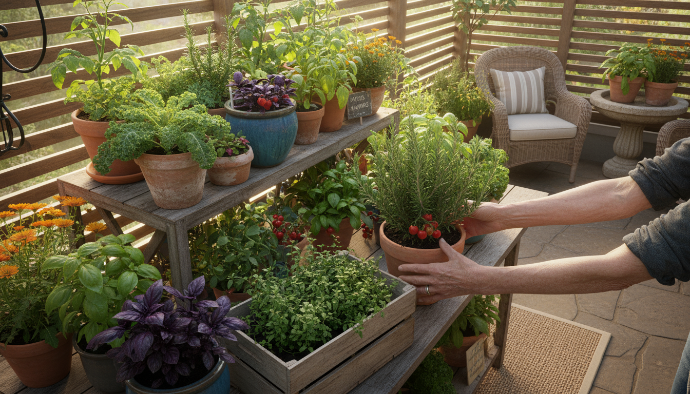 Close-up of a senior's hands carefully adding specialized potting mix to a terracotta pot on a patio table, showing thoughtful preparation.
