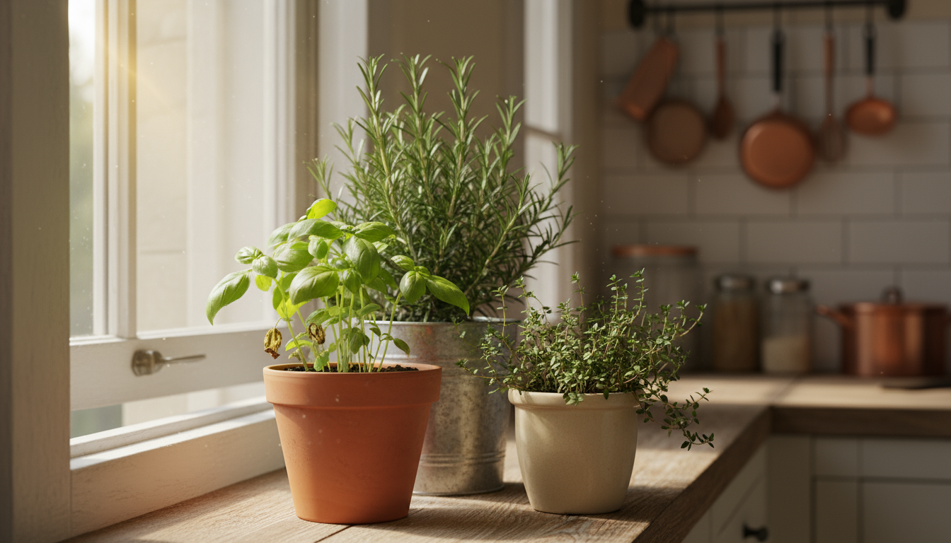 A gentle hand touches Lemon Verbena leaves on a tiered plant stand featuring diverse potted herbs like Stevia, Bay Laurel, and Lovage in soft light.