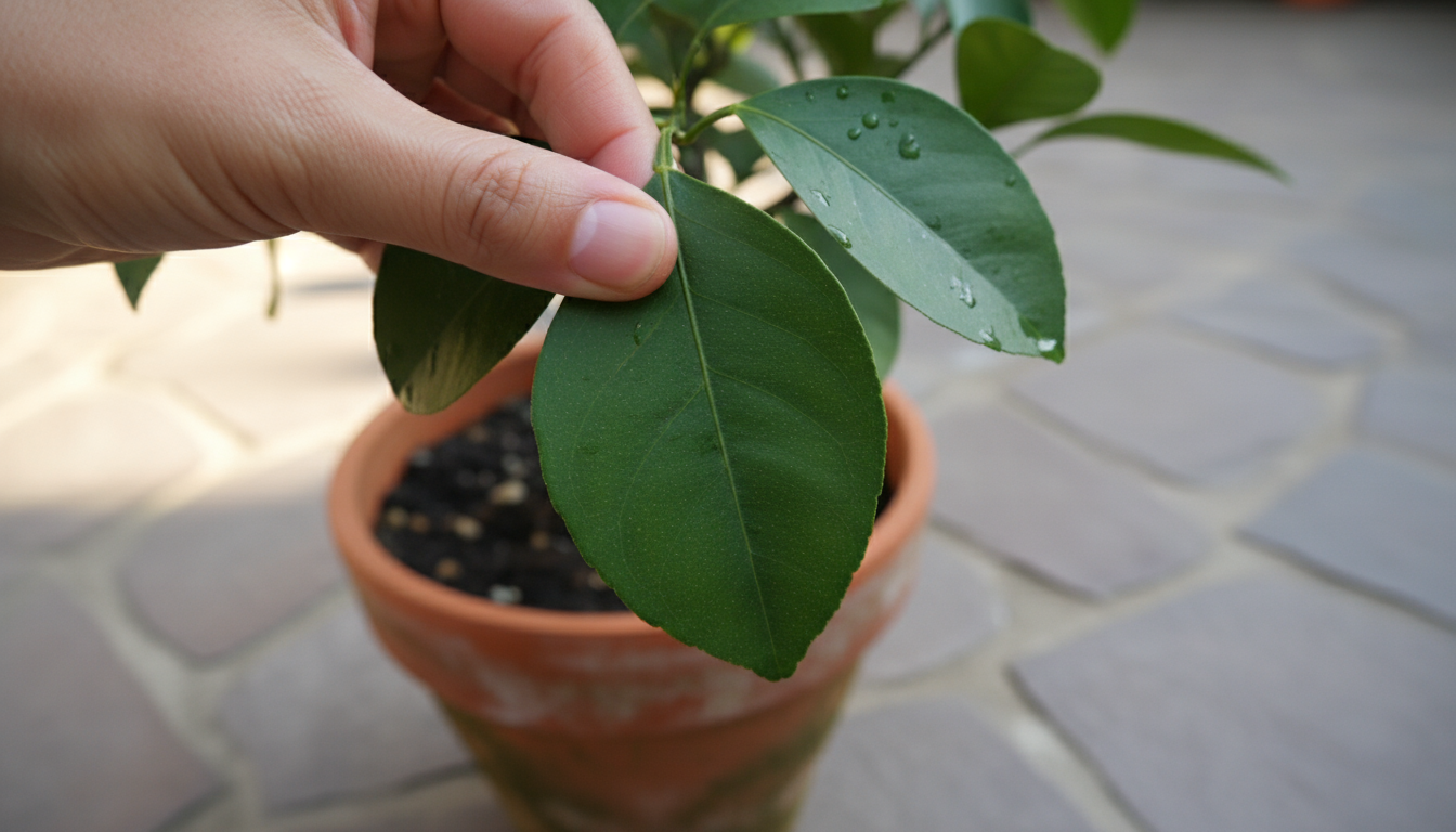 Close-up of gardener's fingers testing soil moisture in a terracotta pot with a dwarf citrus tree on a sunny urban balcony.