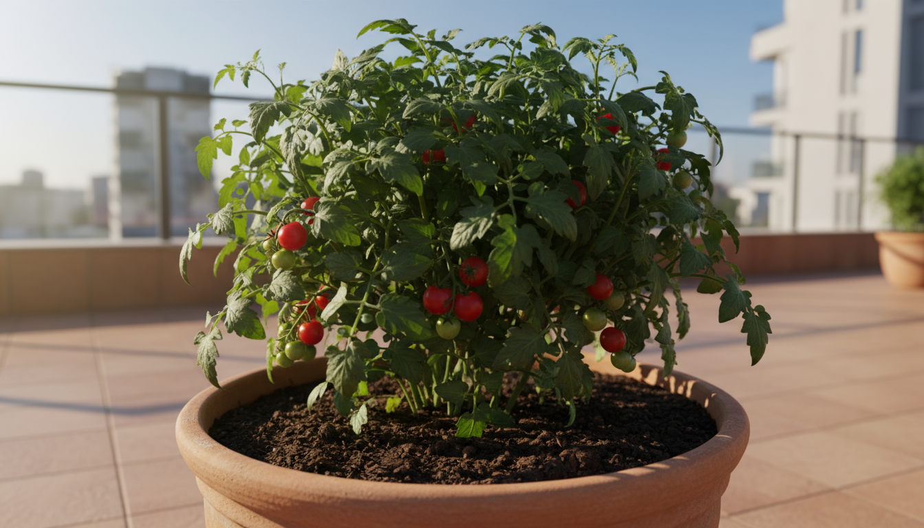 Hands gently mix dark compost into the topsoil of a small wooden raised bed on a light patio.