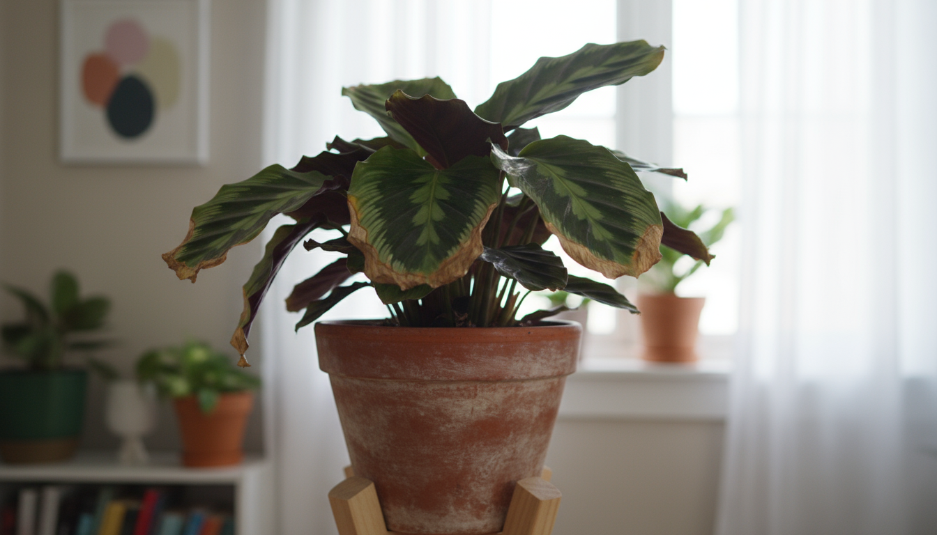 Vibrant Pothos plant in a black plastic pot with visible drainage holes, nestled inside a stylish ceramic cachepot on a wooden balcony railing.