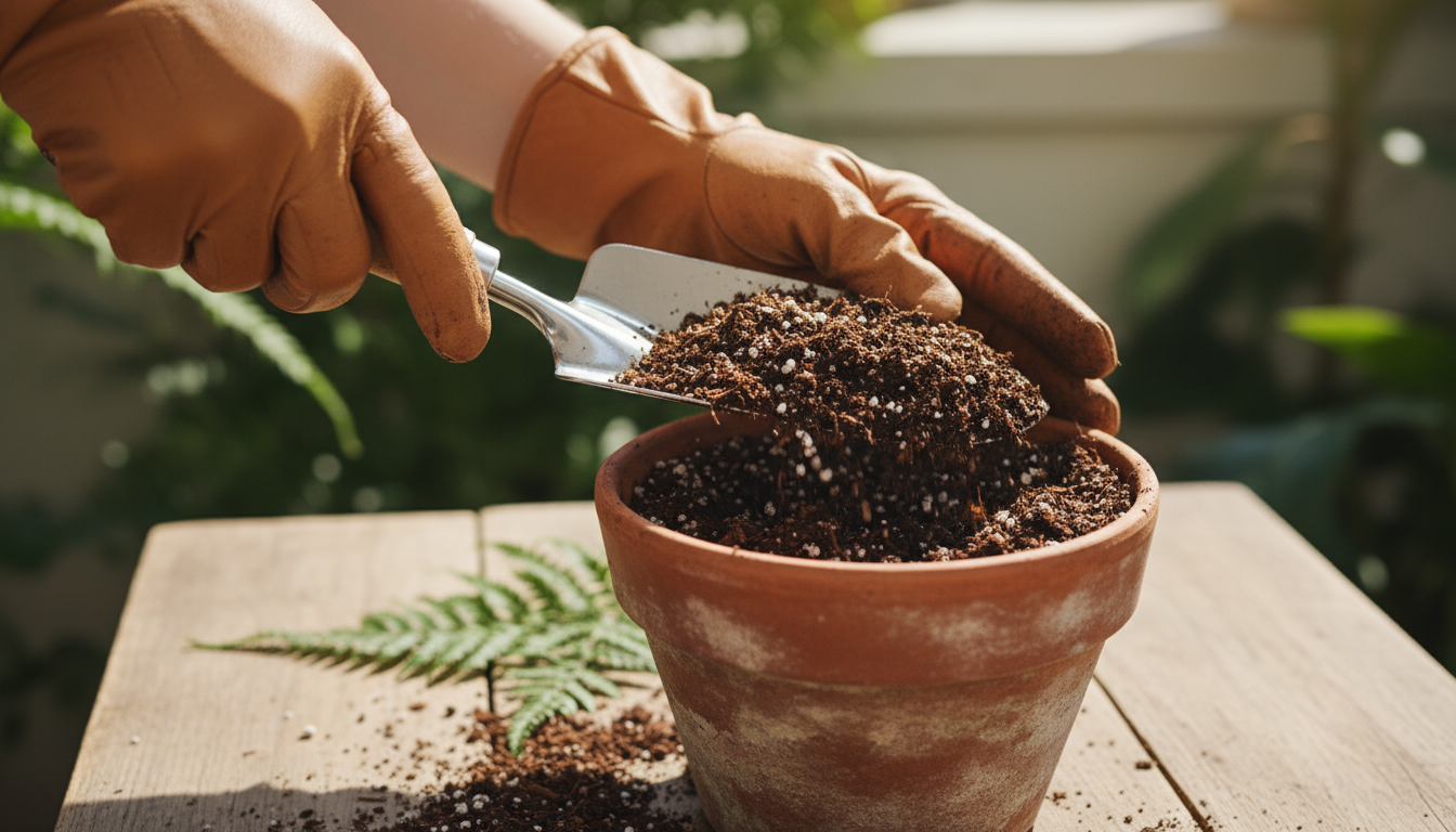 A hand performing the finger test, checking the soil moisture of a Pothos plant in a terracotta pot on a wooden shelf.
