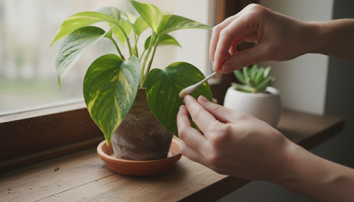 A person's hand casts a soft, fuzzy shadow on a light wooden shelf, illustrating how to assess medium indirect light for indoor plants.