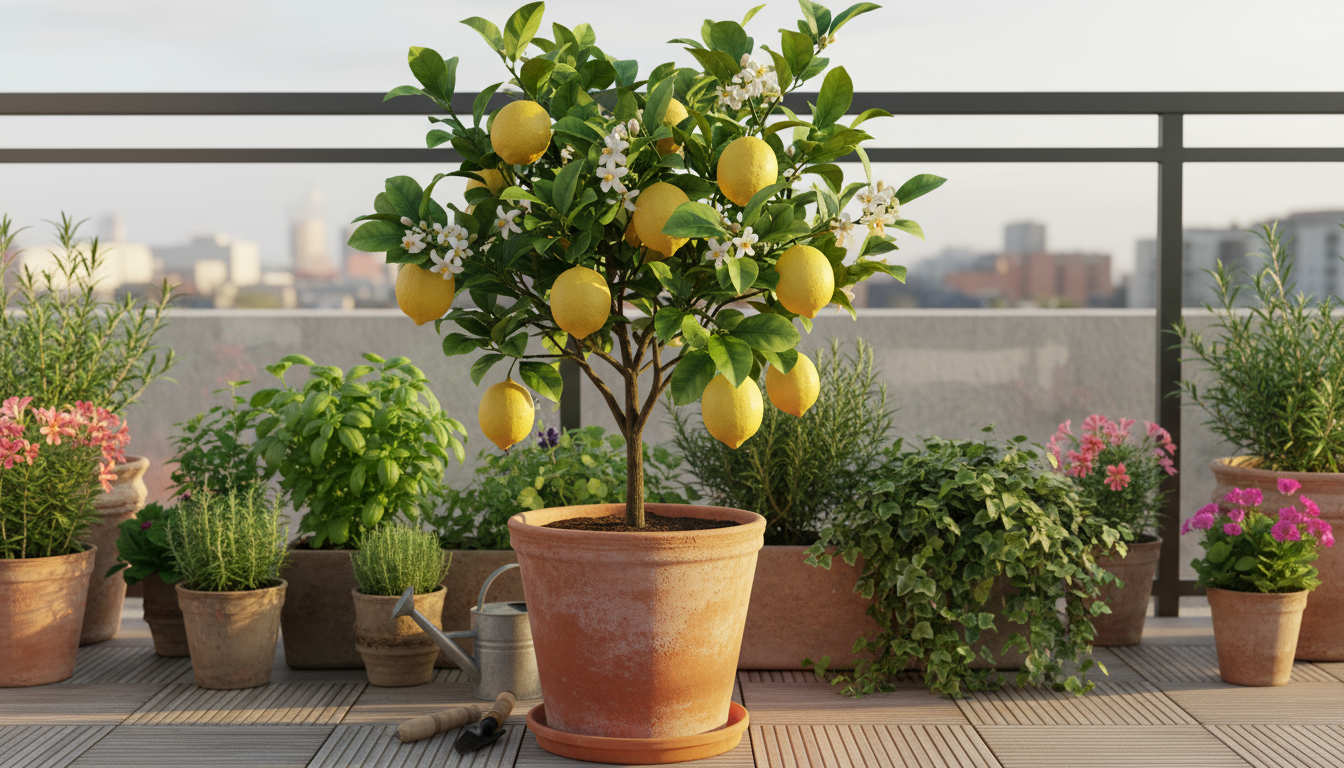 Hands gently untangling roots of a dwarf fruit tree for container planting, with potting mix and an empty pot visible.