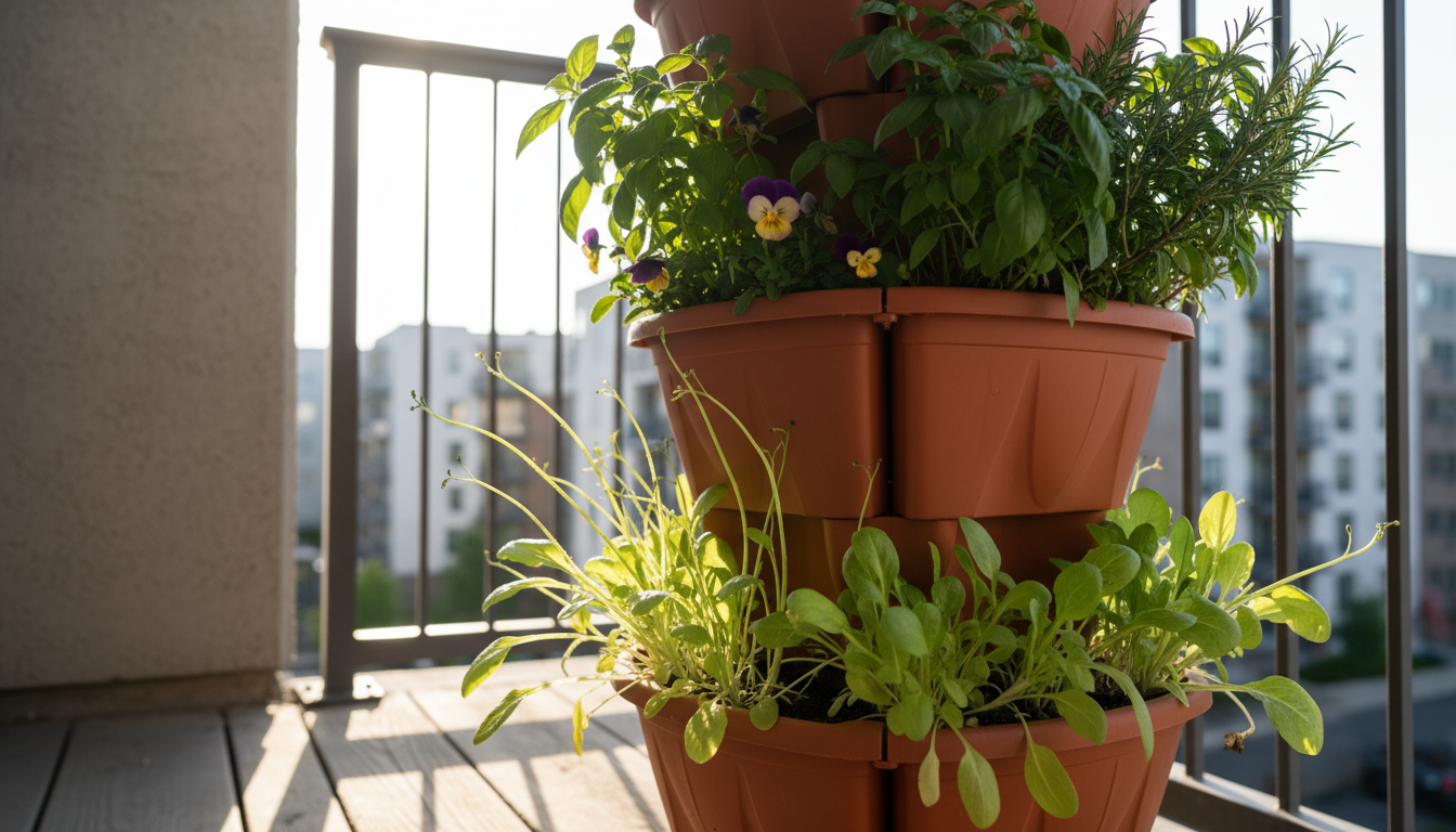 Close-up of a drip irrigation emitter releasing a water droplet onto coco coir mulch in a fabric vertical garden pocket, bathed in morning sun.