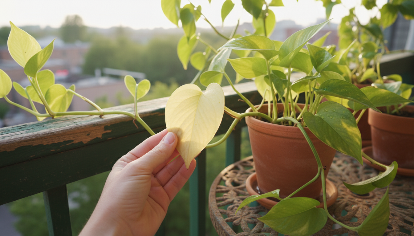 Close-up of an adult's hand gently touching a yellow, soft, limp leaf on a Pothos plant in a terracotta pot on a balcony.