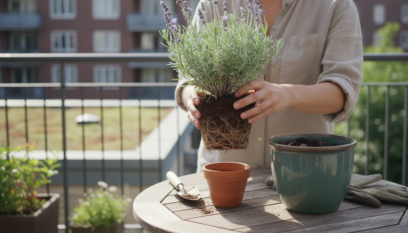 A gardener's hands, close-up, gently turning over a basil leaf in a terracotta pot on a sunny balcony, pointing to a tiny sticky residue on its unders