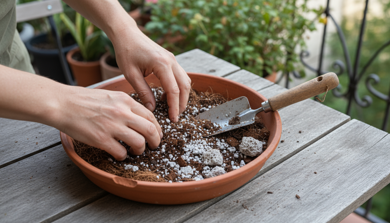 Variegated Pothos plant in a white pot on a narrow shelf, its vines trailing down. A human hand gently touches one of its leaves.