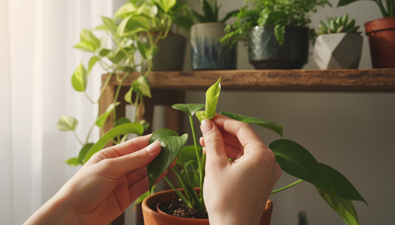 Close-up of hands gently supporting a new unfurling leaf on a vibrant potted houseplant, with other container plants visible in the soft background li