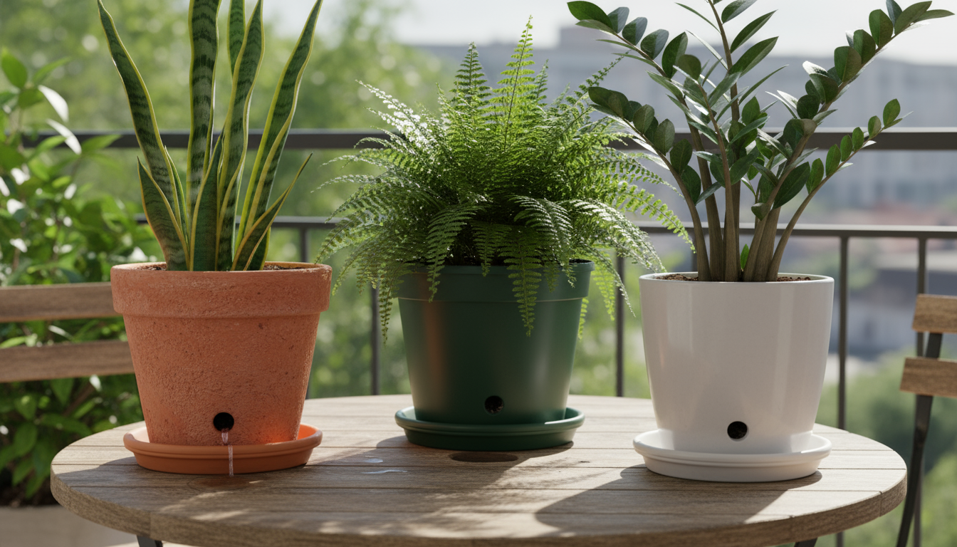 Hands gently examine a yellowed Pothos leaf and test soil moisture in a terracotta pot on a balcony table, indicating a plant problem.