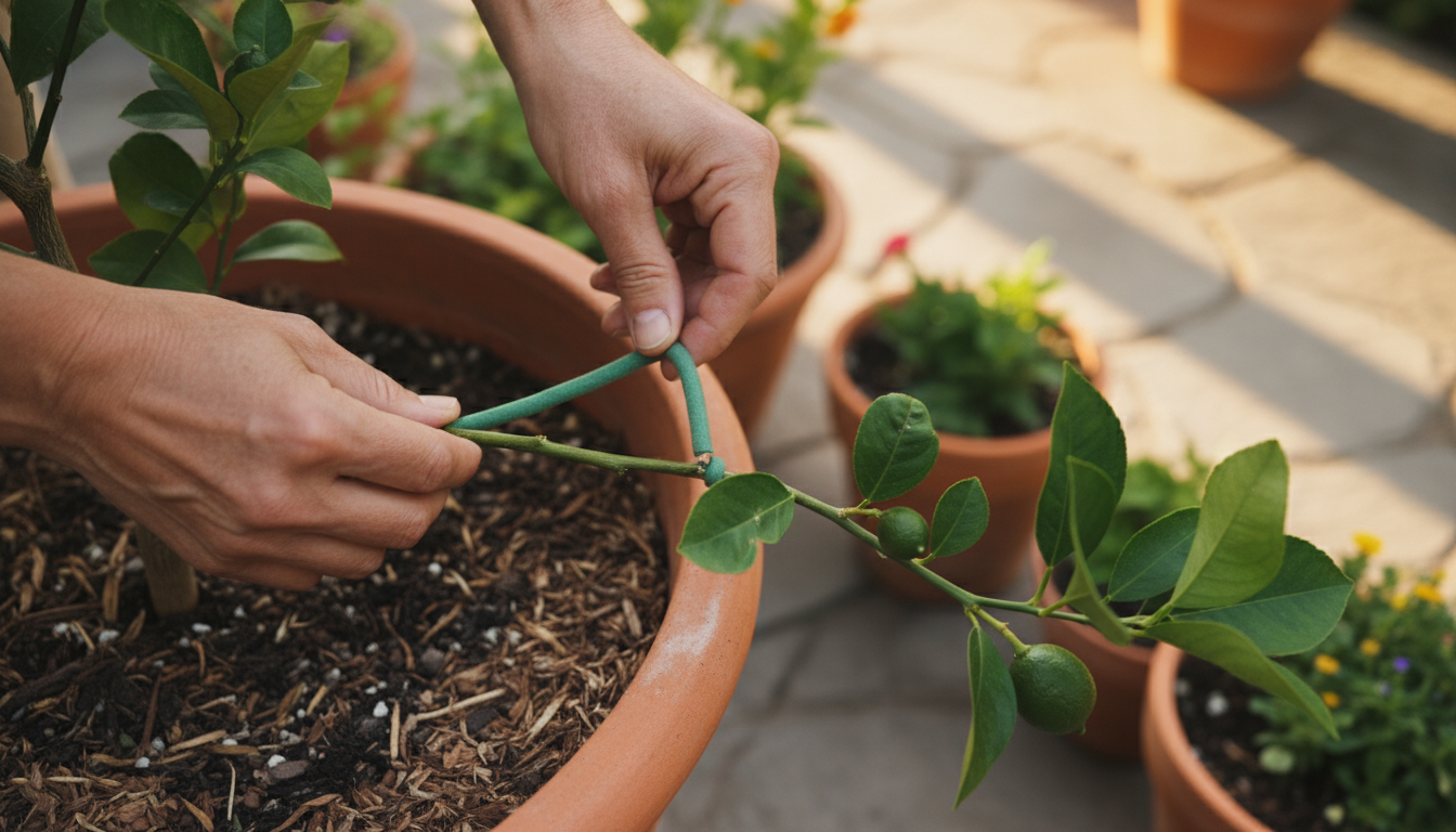 Hands gently tying a branch of a dwarf lemon tree in a terracotta pot to train it horizontally on a sunny patio.