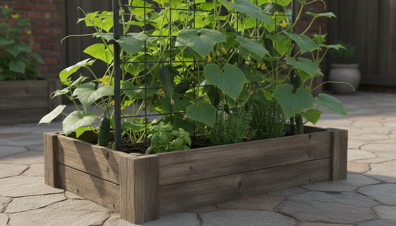 Close-up of rich compost, coconut coir, and a metal trowel on a patio. A gloved hand reaches towards the coir, a small raised bed blurred in backgroun