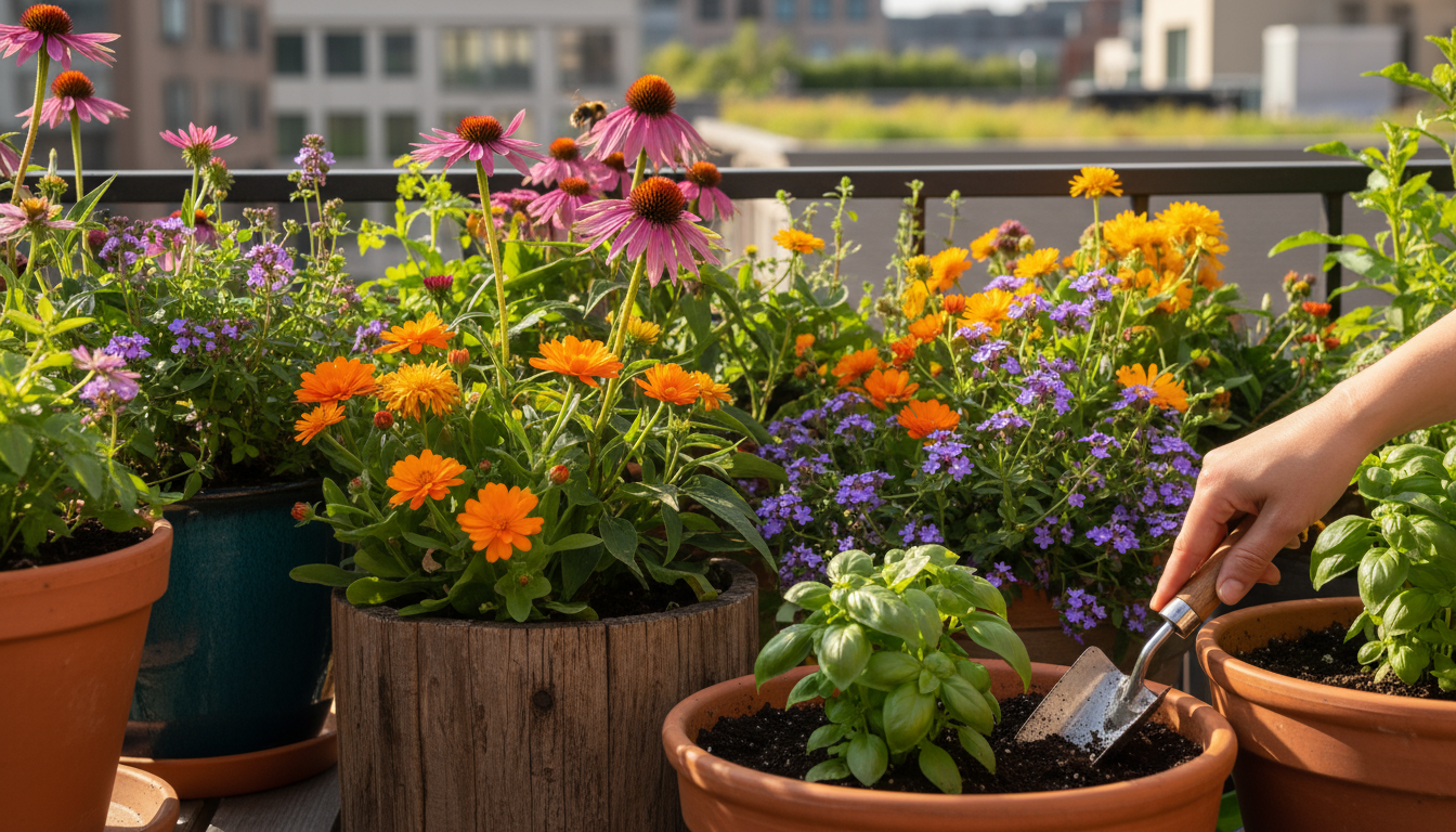 Close-up of three distinct piles of potting mix ingredients—coco coir, perlite, and dark compost—on a wooden bench with a trowel.