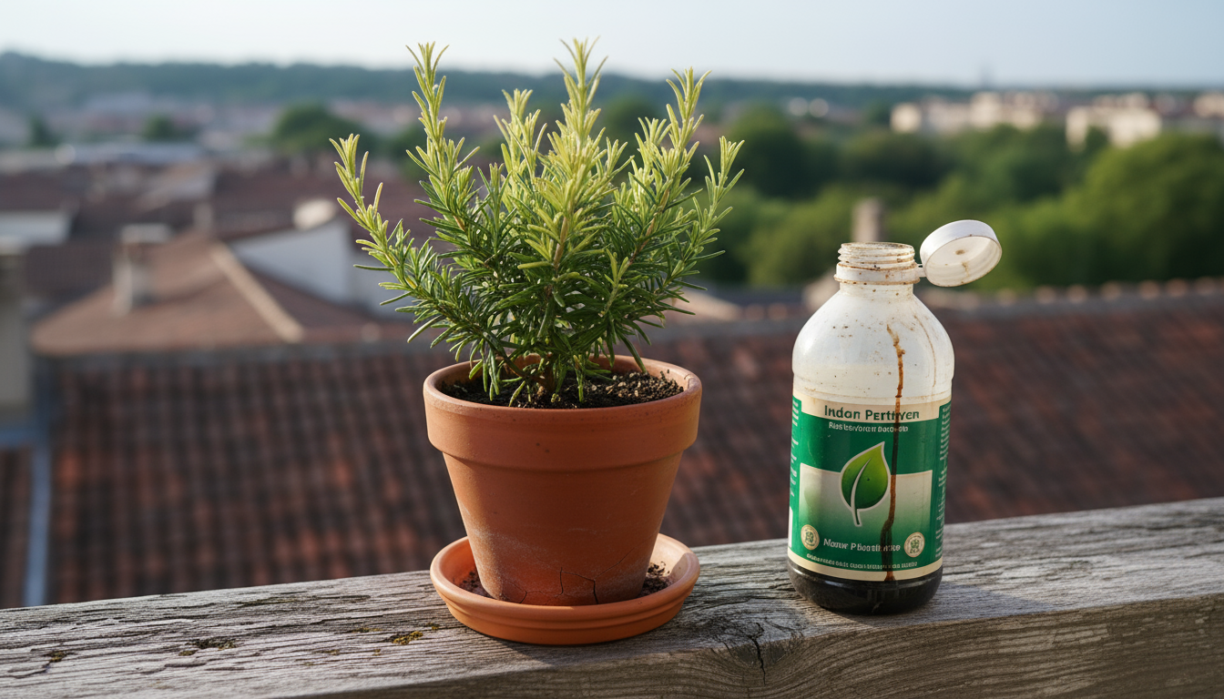 Close-up of a struggling potted plant on a wooden railing with crispy brown leaf tips, yellowed lower leaves, and white crust on soil and pot rim.