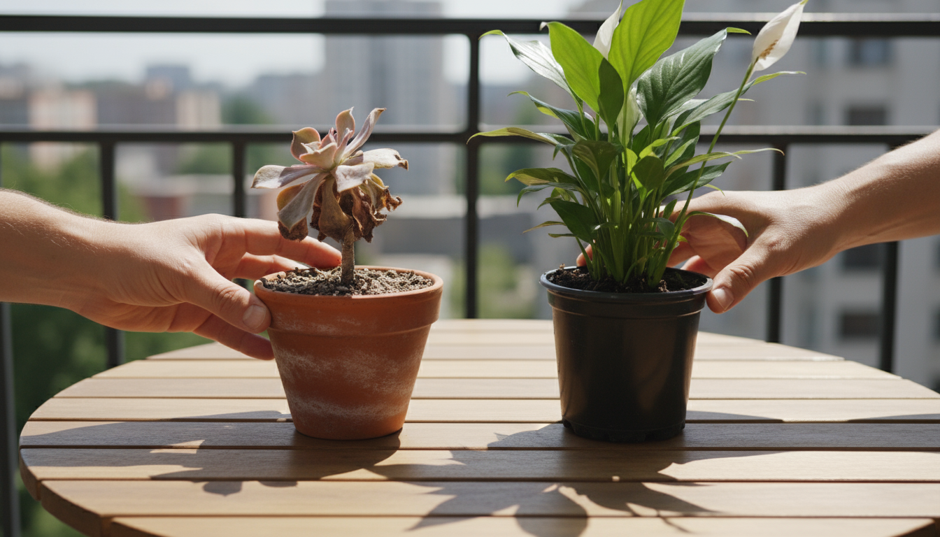 Close-up of hands pouring collected water from a sage green ceramic cachepot into a kitchen sink, with a potted plant nearby.