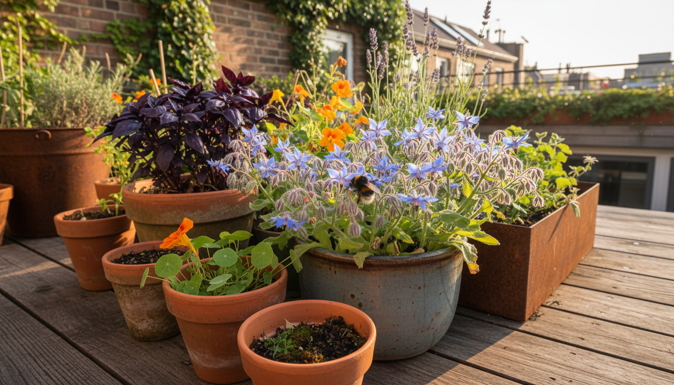 Close-up of hands examining a pale basil plant overshadowed by a robust calendula in a terracotta pot on a balcony.
