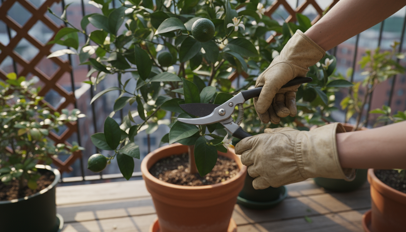 Gardener's gloved hands prune an overcrowded branch of a dwarf Meyer lemon tree in a terracotta pot on a balcony.