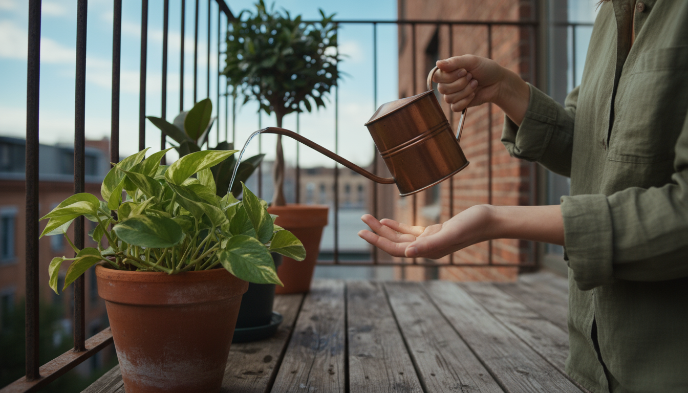 A bottom-watering African Violet in a ceramic pot, a small metal watering can, and a Pothos cutting on a counter.